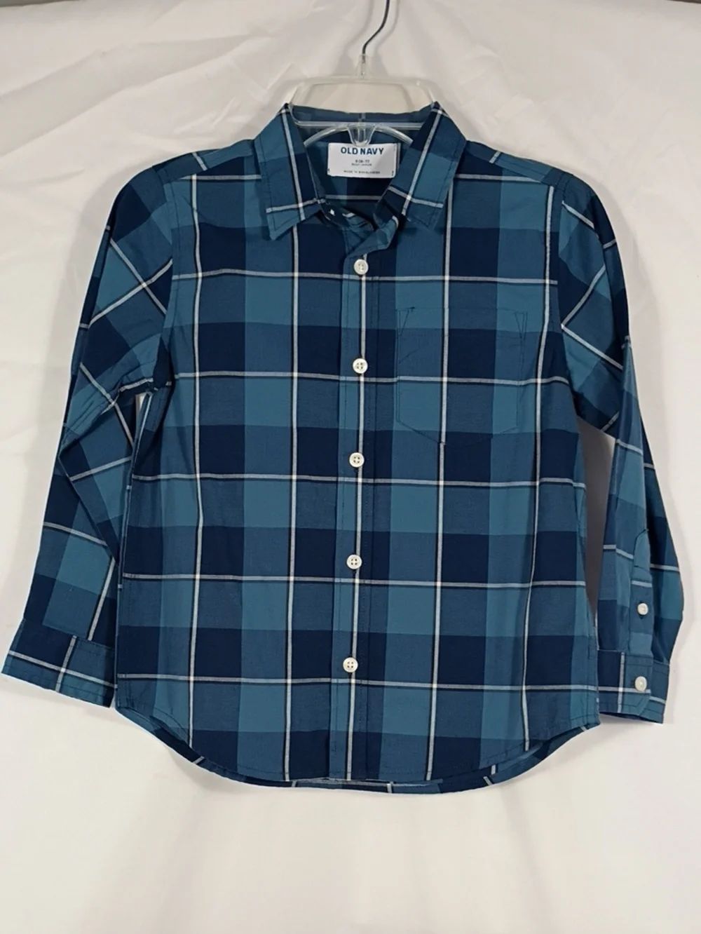 NWT Old Navy Blue Plaid Long Sleeve Button-Down Shirt Boys Size Small 6-7
